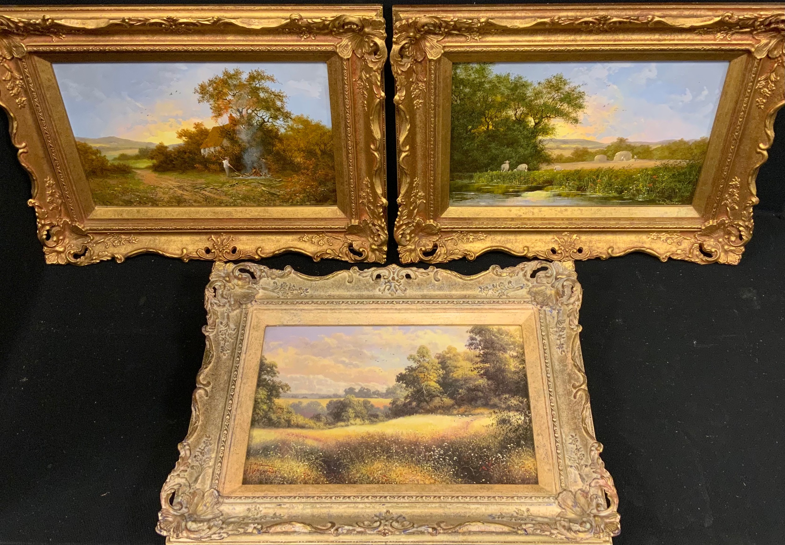 Noel Ripley (contemporary) Summer Meadows signed, label to verso, oil on board, 18cm x 28cm;  ;  another, Autumn Colours;  Paul Morgan, A Corner of the Field, signed, label to verso, oil on board, 18cm x 28cm (3)