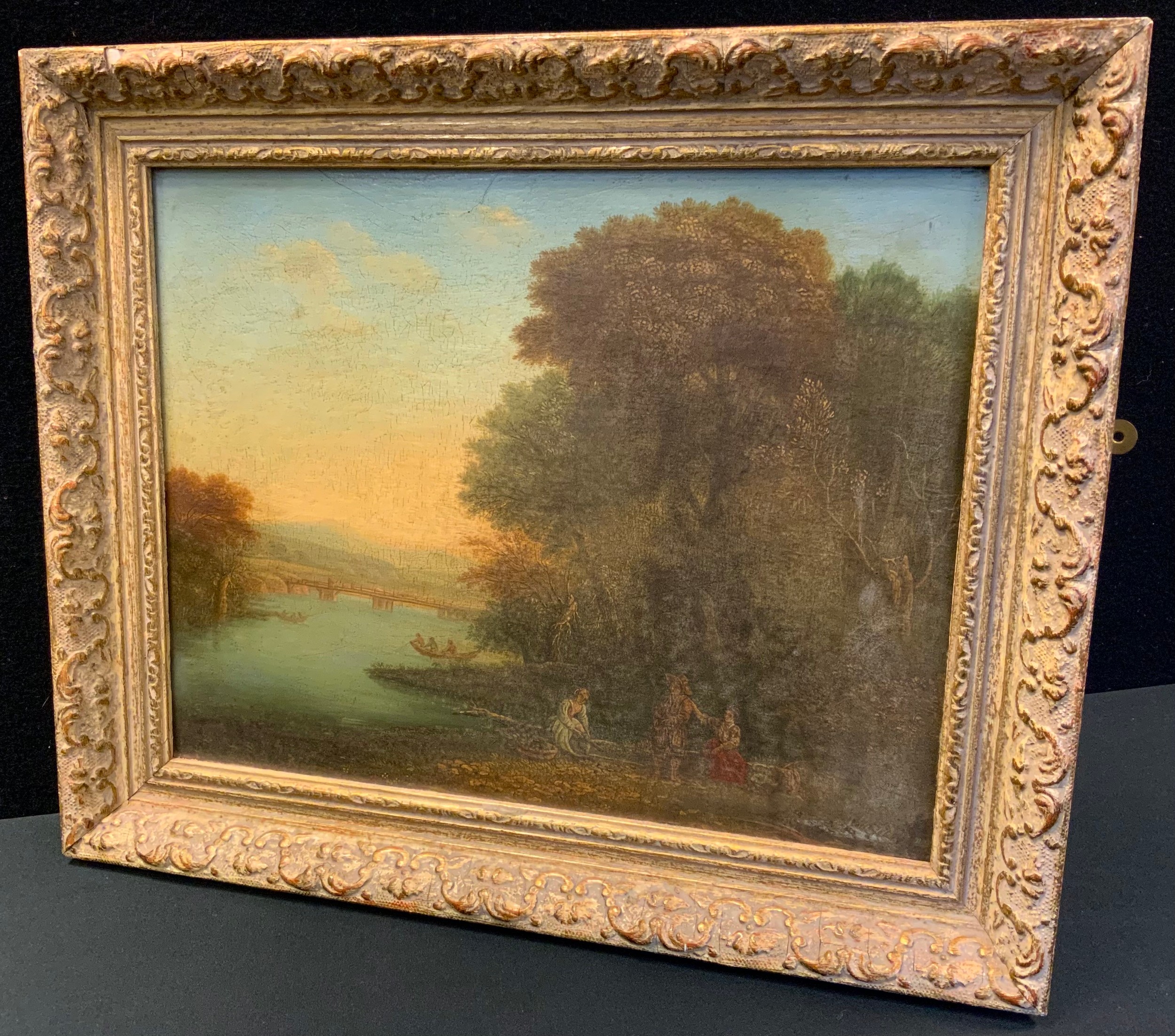 Attributed to John Henry Boddington (1811-1865), river scene with figures, oil on board, 32cm x 37cm. (Provenance - labels to verso).