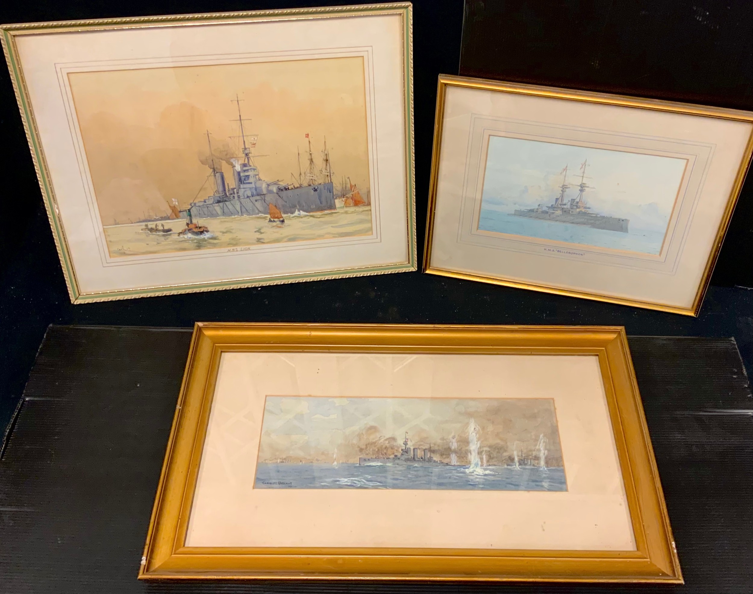 Charles David Jones Bryant (1883-1937)  Battle Cruisers at Jutland signed, watercolour, 11cm x 33cm;  others, H.M.S. Bellerophon, 14cm x 24cm;  H.M.S. Lion, 24cm cm x 35cm (3)