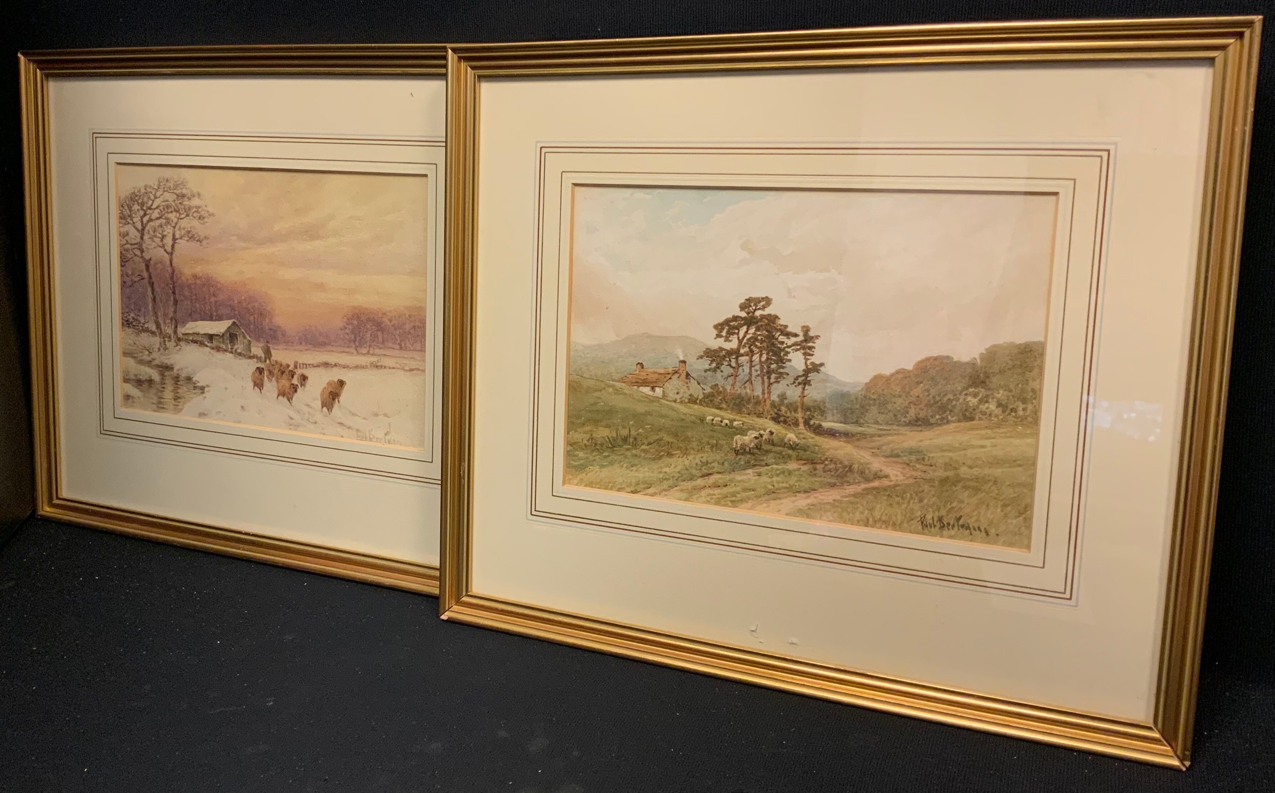 Paul Bertram (1833-1901) A pair - Sheep Flock in the snow, and Highland cottage flock