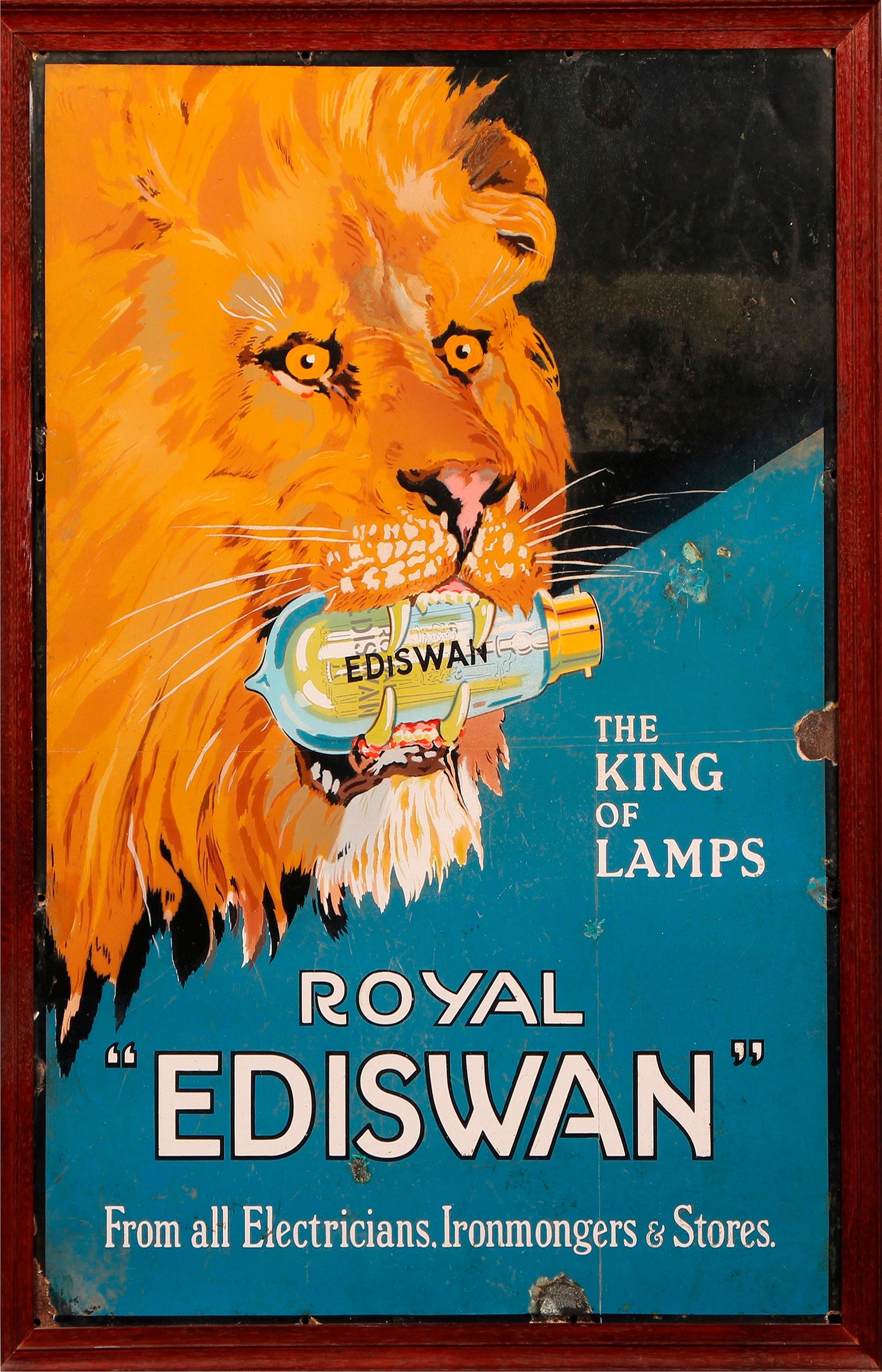 A rectangular pictorial enamel sign, Royal Ediswan Lamps, The King of Lamps