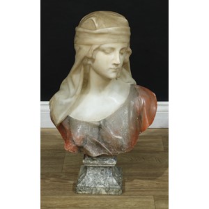 Continental School (19th century), an alabaster bust, of an Etruscan beauty, waisted square marble socle, 64cm high