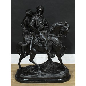 Émile Guillemin (1841-1907), a large dark patinated Orientalist bronze, Arab and his lady on horseback, signed in the maquette, oval base, 82cm high