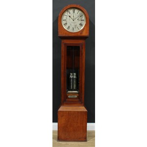 A Victorian mahogany regulator longcase timepiece, 30.5cm circular silvered dial inscribed Passmore., Sidmouth., Roman numerals, subsidiary seconds dial, single winding hole, deadbeat escapement, the case quite plain, glazed rectangular door enclosing a beat regulation plate and a plaque inscribed R. Passmore., Sidmouth., twin-tube mercury pendulum, single brass-bound weight, 188.5cm high, 42cm wide, 22.5cm deep, c.1890