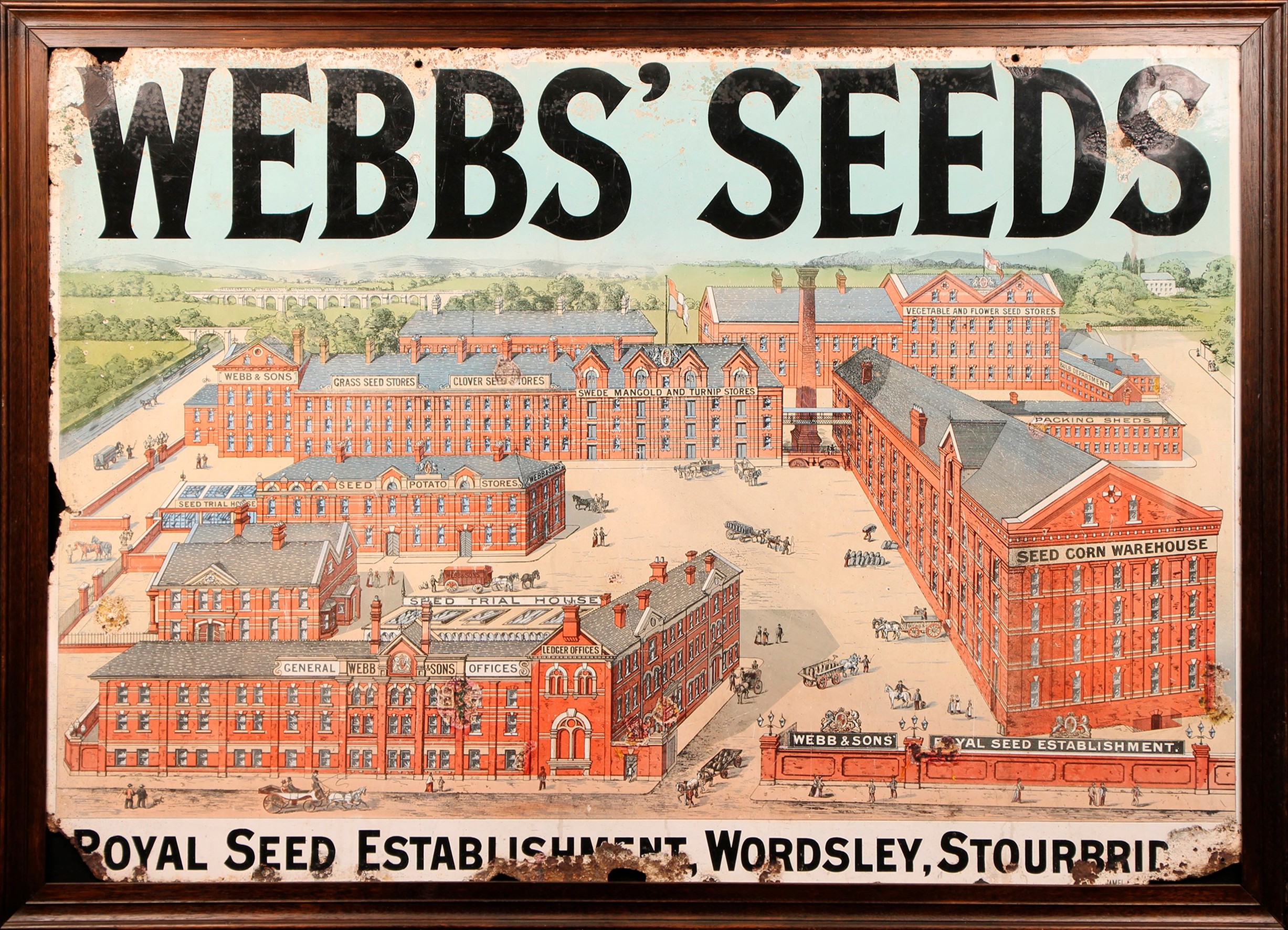A large early 20th century rectangular pictorial enamel sign, Webb's Seeds, Royal Seed Establishment, Wordsley, Stourbridge