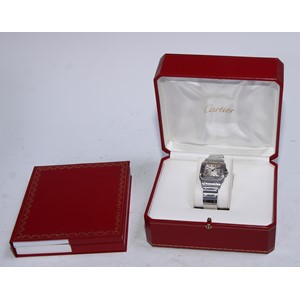 Cartier  - a Santos stainless steel automatic bracelet wristwatch, ref 2319, textured dial, bold Roman numerals, inner minute track, blued hands, date aperture, automatic movement, serial No 954996CD, boxed with certificate dated 14/6/2003, instruction booklet