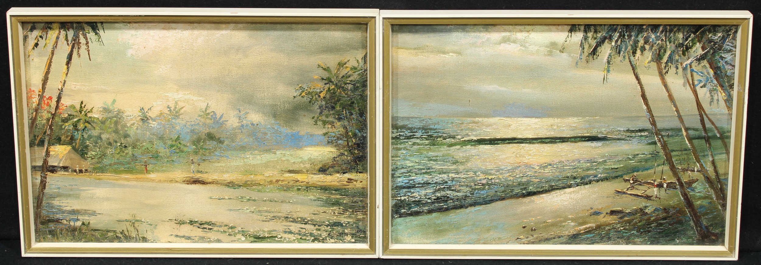 Sopronov (White Russian Émigre; d. 1944) A pair, Paddy Fields and Fishing Outrigger Catamarans, On a Beach Near Colombo, Sri Lanka signed, titled and inscribed manuscript labels to verso, oil on naval drill, 30cm x 44cm, [2]  "The artist was a White Russian refugee [...] who arrived, penniless, in Colombo about 1940 and was given a job as resident decorator in the Galle Face Hotel [which still operates under this name]. He painted 6 or so 'murals' on large sheets of brown paper [...] for the ball-room. He also painted, in oils, many scenes of Ceylon which are much prized by residents of the time. Being unable to get canvas for his painting, he managed to scrounge white naval drill from the Navy - on which these pictures are painted. He died, a relatively rich man, before the end of the war", indistinctly signed and inscribed manuscript labels to verso.