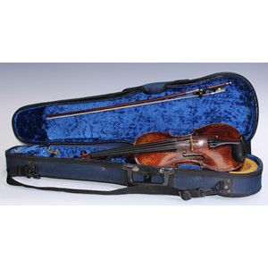 A 19th century violin, 35.6cm two-piece back excluding button, outlined with tramline purfling, carved scroll, rosewood tuning pegs, 60cm long overall; the mahogany bow by Tubbs, stamped, rosewood and mother-of-pearl marquetry frog, 73cm long; the later case labelled: Hill and Company, Welwyn, Hertfordshire