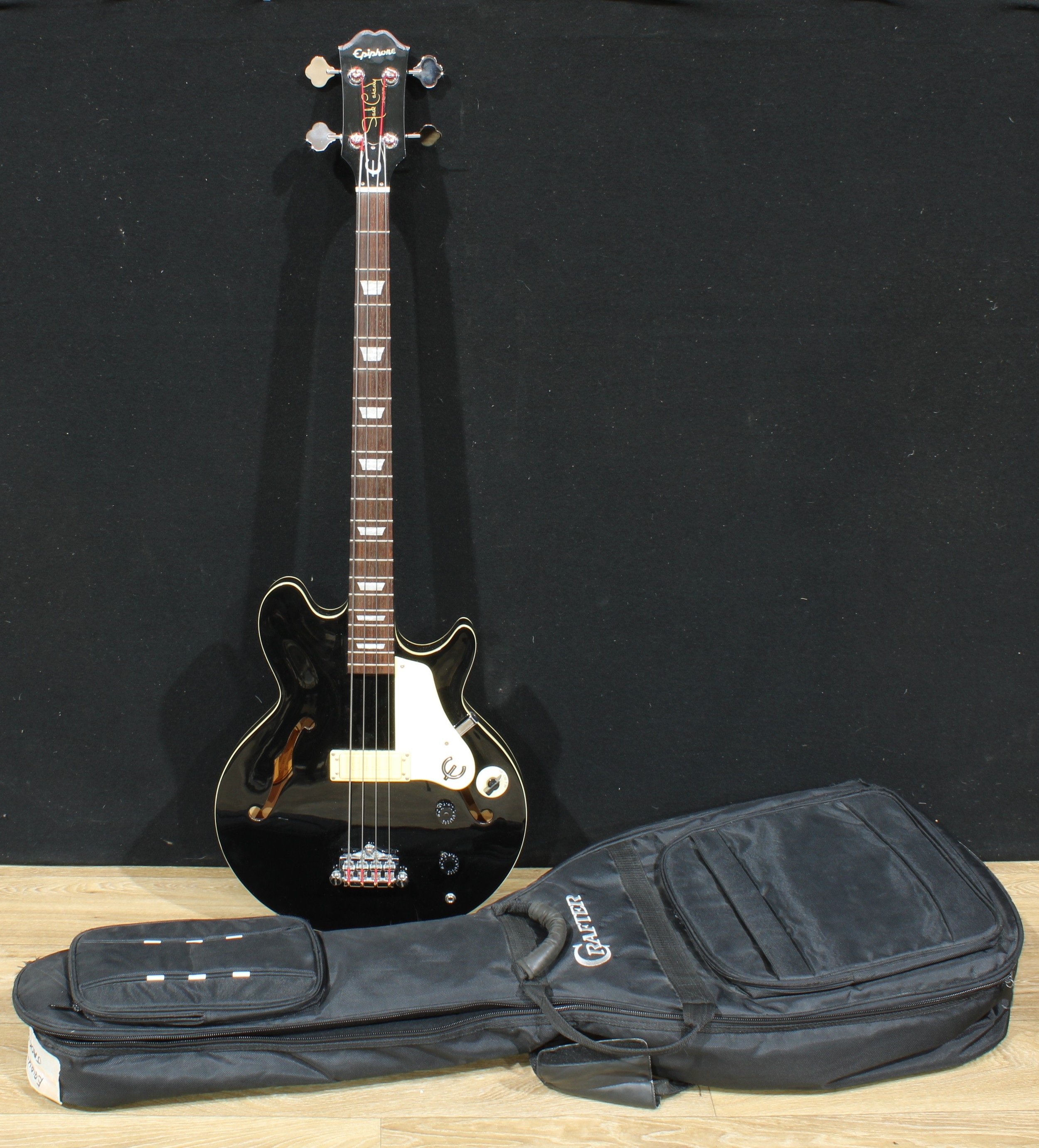 An Epiphone Jack Casady bass guitar, numbered R07030155, gilt facsimile autograph signature on a black ground, 117cm long, case