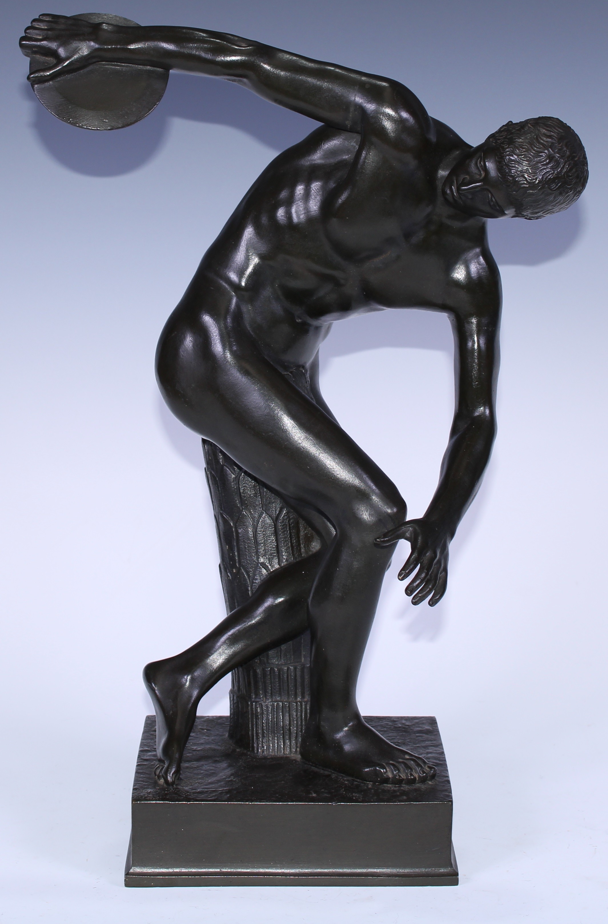 Grand Tour School (19th century), after the Antique, a verdigris patinated library bronze, The Discobolus of Myron,foundry mark AB, 42.5cm high