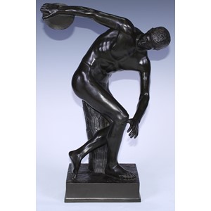 Grand Tour School (19th century), after the Antique, a verdigris patinated library bronze, The Discobolus of Myron,foundry mark AB, 42.5cm high