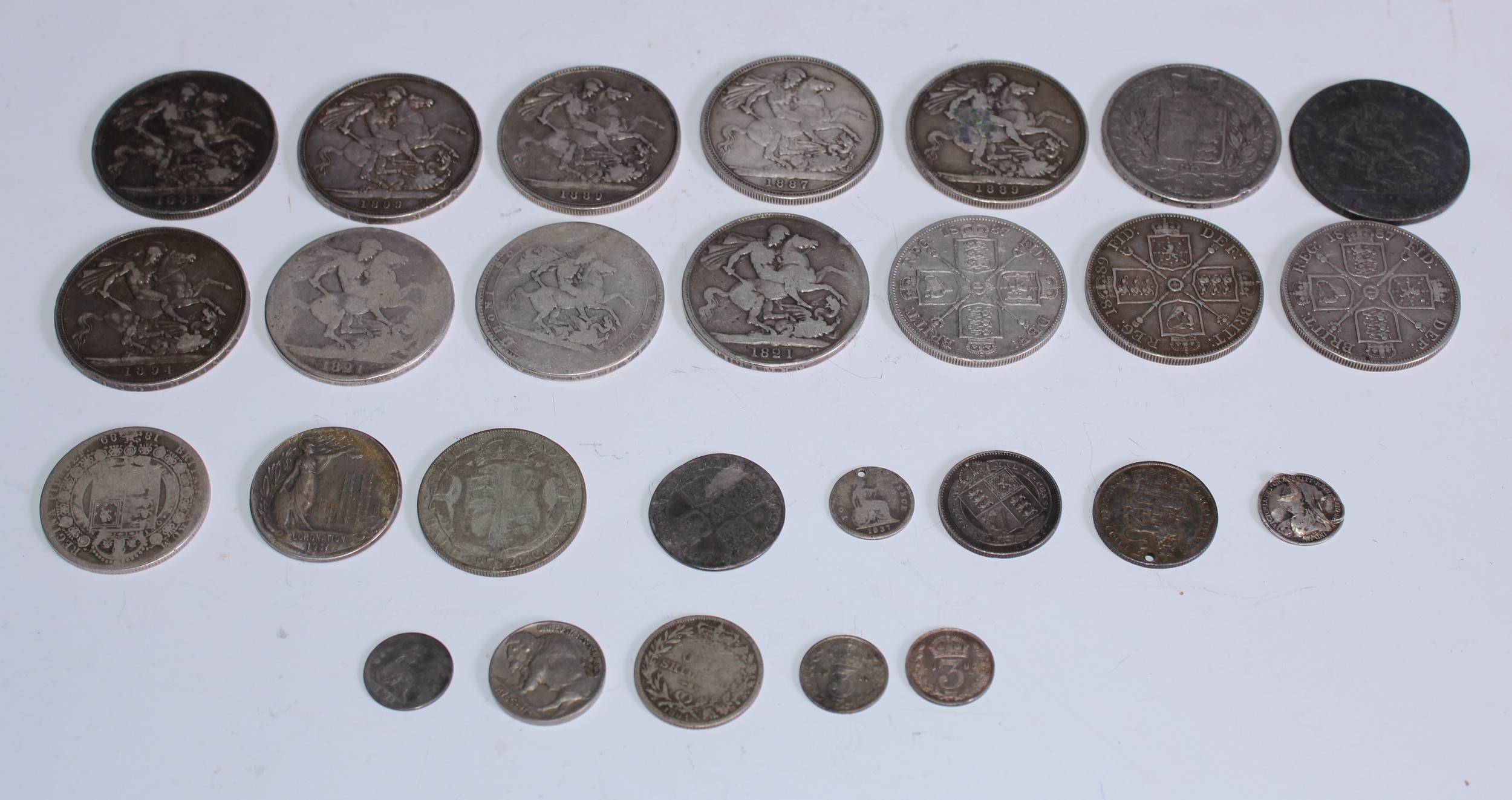 Coins, GB: George III, 1819 silver crown, (1); another two, George IV, 1821, (2); others, Victorian, 1844-1899, (7); Victorian double-florins, 1887-89, (3); further silver coins; etc., 434g gross, [qty]