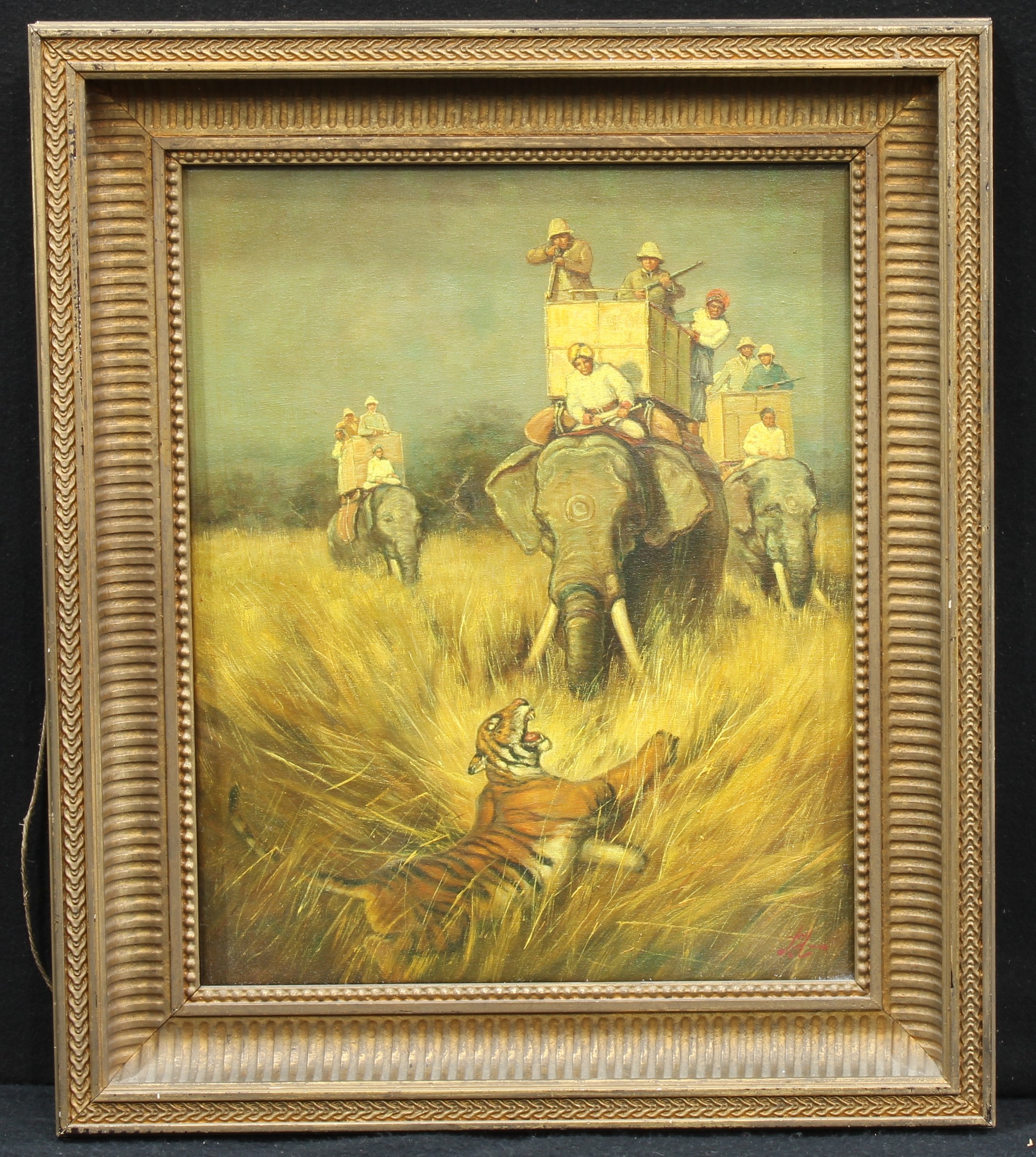 Anglo-Indian School (late 19th/early 20th century) The Tiger Hunt monogrammed TH, oil on canvas, 50cm x 40cm
