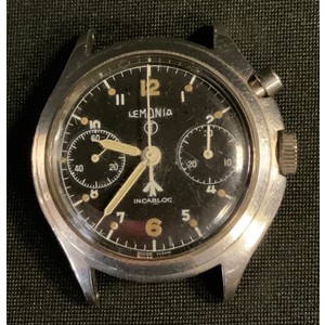Post war British Army Lemania single button Chronometer watch head, black dial, twin subsidiary registers, Arabic numeral and dot baton markers, centre seconds, stainless steel case, marked 0552/924-3306, 658 beneath broad arrow issue stamp, 40mm wide. (faults)