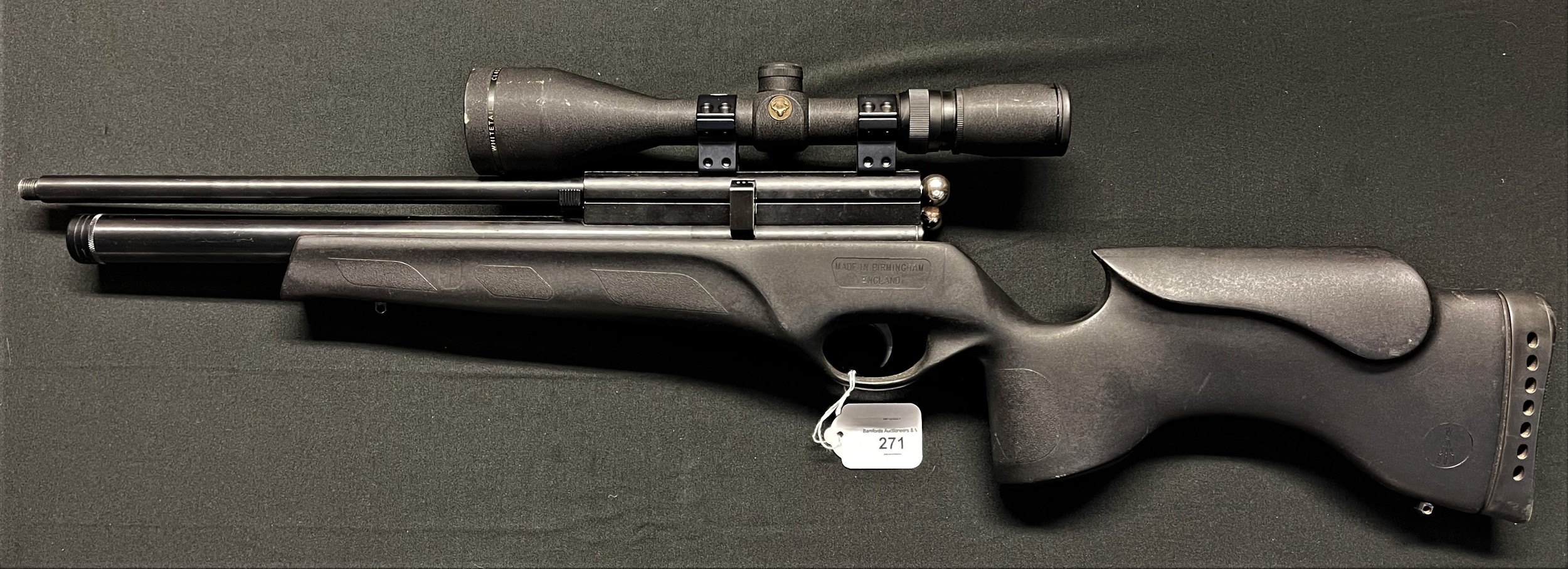 BSA Scorpion T 10 Air Rifle with 395mm long barrel threaded for a moderator, serial no 6A 1644. Overall length 84cm. Complete with Whitetail Classic 3.5 - 10x50 telescopic sight and Remington black gun slip.