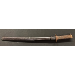 A Japanese Wakisashi sword with 510mm long blade, tang is un-signed. Iron Tsuba. Overall length 690mm. Complete with laquered Saya scabbard.