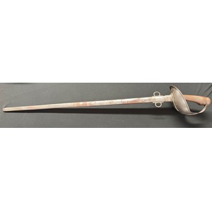 WW1 British 1908 Pattern Cavalry Trooper's Sword with 890mm long single edged fullered blade. '8-15 dated blade. Wooden grip. Overall length 109cm. Complete with steel scabbard with twin suspension rings dated '15. Unit markings to scabbard for the 20th Hussars, "7.19 20.H 12". Both sword and scabbard are well marked with various inspection stamps.