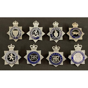 Police Officers Enamelled Cap badge collection to include: Kings Crown Kent Constabulary: Kings Crown West Sussex: Kings Crown Surrey Constabulary: Kings Crown Eastbourne Police: Queens Crown Dorest & Bournmouth Constabulary: Queens Crown Denbighshire Constabulary: Queens Crown Sussex Constabulary: Queens Crown Cambridgehire Constabulary (8)