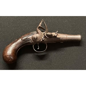 Flintlock Pocket Pistol with 75mm long barrel, bore approx 12mm, overall length 175mm. Working action. No makers marks. Cock jaw and screw missing. Section 58 (2), no licence required.