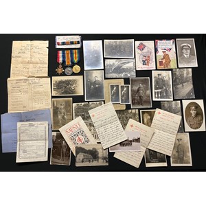WW1 British 1914-15 Star, War Medal and Victory Medal to 19479 Pte Len Prince, Northamptonshire Regiment, mounted on a bar complete with original ribbons: medal ribbons for same on original sales card: motor fuel ration book, 1918 Xmas menu from Lille France signed by comrades; 21 photo postcards: very extensive family documentation archive. He also served with the Notts & Derbys and the Royal Engineers.