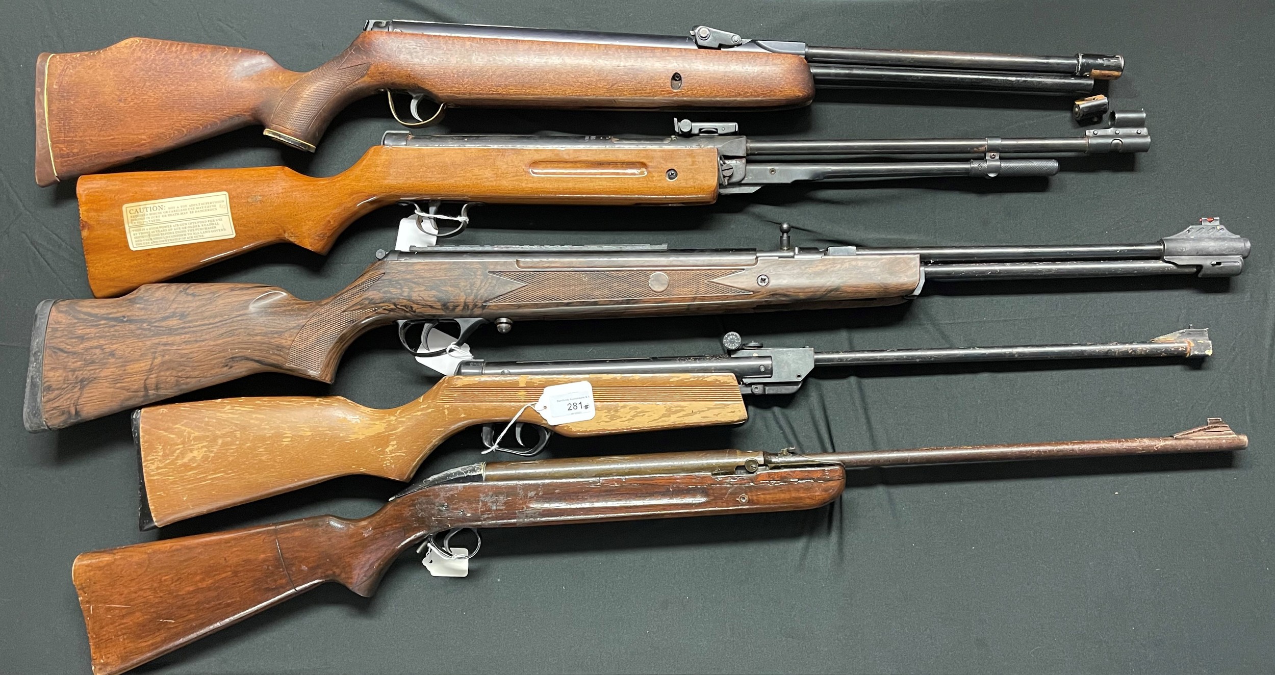 Five Air Rifles for spares or repairs a/f. To include .177cal Hatsan Model 105 X with 410mm long barrel: Gamo Model Expo .22 cal serial no 1180418: unknown Chinese made air rifle .22cal: BSA .22 serial G026696; Webley Eclipse serial no 000186. Note: All are faulty. (5)