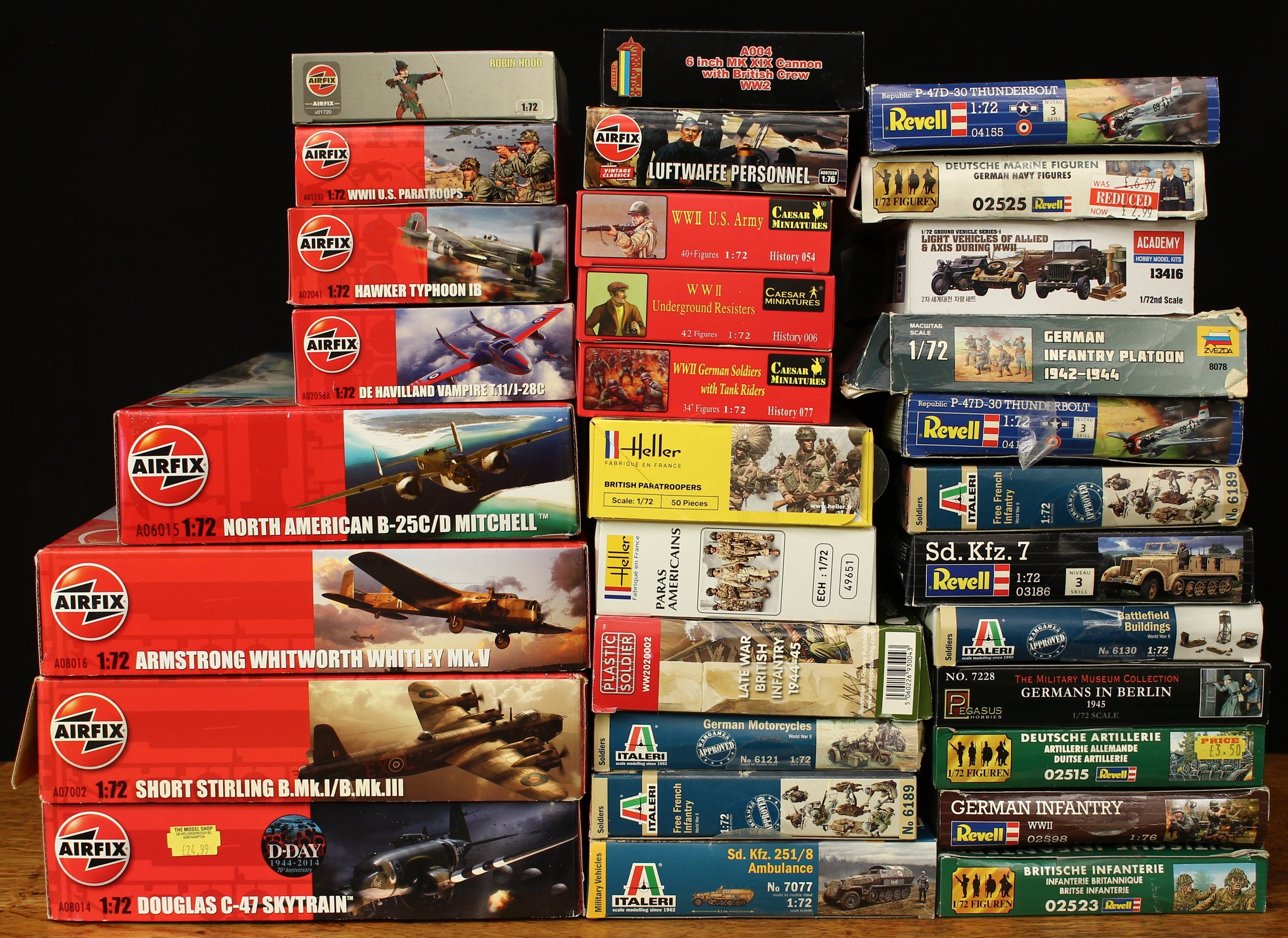 A collection of model kits, comprising Airfix 1:72 scale Douglas C-47 Skytrain, A08014, boxed; North American B-25C/D Mitchell, A06015, boxed; Short Stirling B.Mk.I/B.Mk.III, A07002, boxed; Armstrong Whitworth Whitley Mk.V, A08016, boxed; Hawker Typhoon IB, A02041, boxed; WWII U.S. Paratroops, A01751, boxed; Robin Hood, A01720, boxed; De Havilland Vampire T.11/J-28C, A02058A, boxed; other 1:72 model kits from manufacturers such as Academy Hobby Model Kits, Italeri, Caesar Miniatures, Revell, Heller Pegasus Hobbies etc (31)