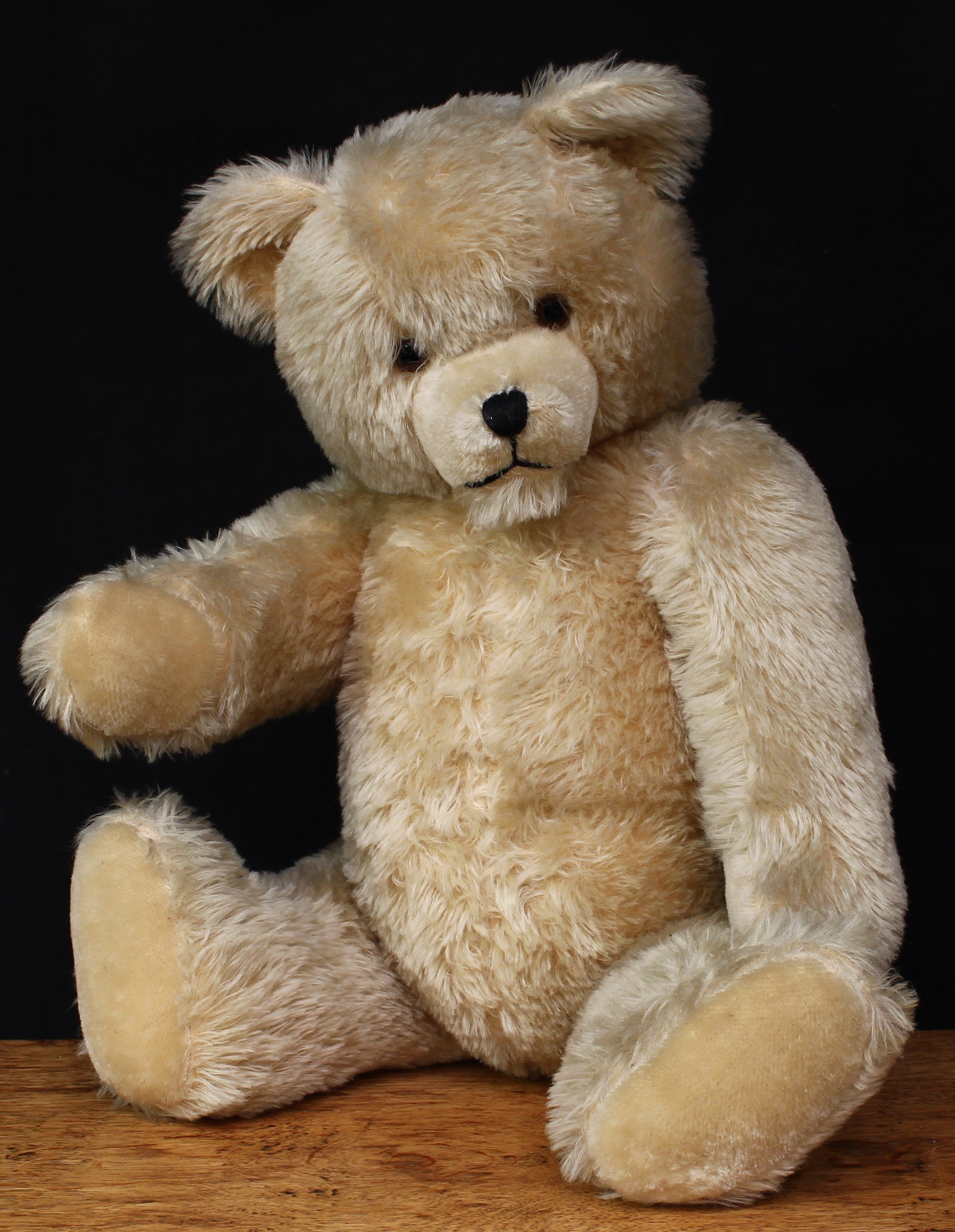 A large blonde mohair teddy bear, amber and black plastic eyes, pronounced snout with vertically black stitched shield shaped nose and mouth, the torso fitted with a growler, 63cm high, unmarked but probably by Gebruder Hermann or similar