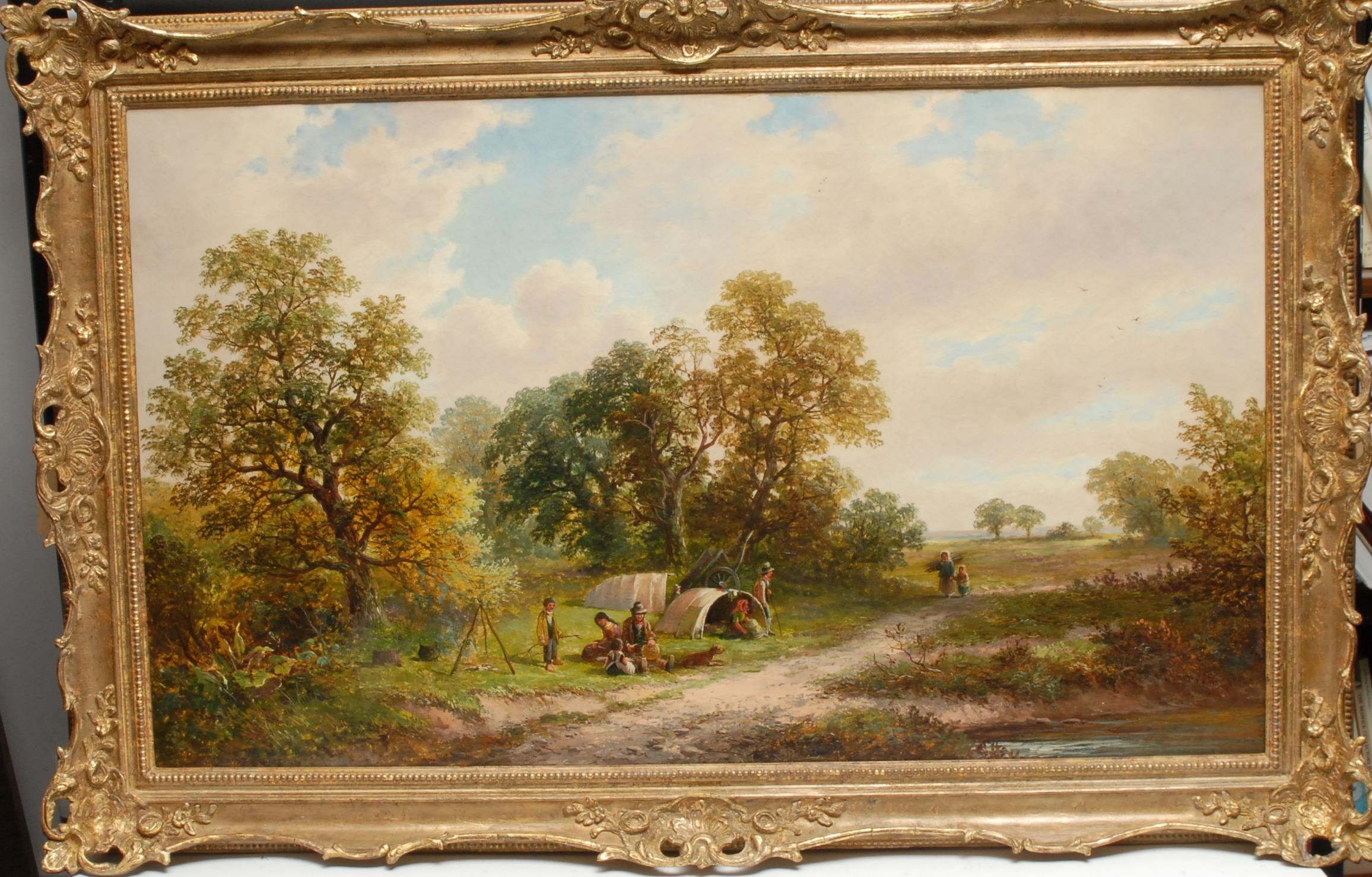 George Turner (1841-1910) Gypsies on a Lane Near Milton, Derbyshire, titled, signed and dated 1873 to verso, oil on canvas, 61cm x 102cm
