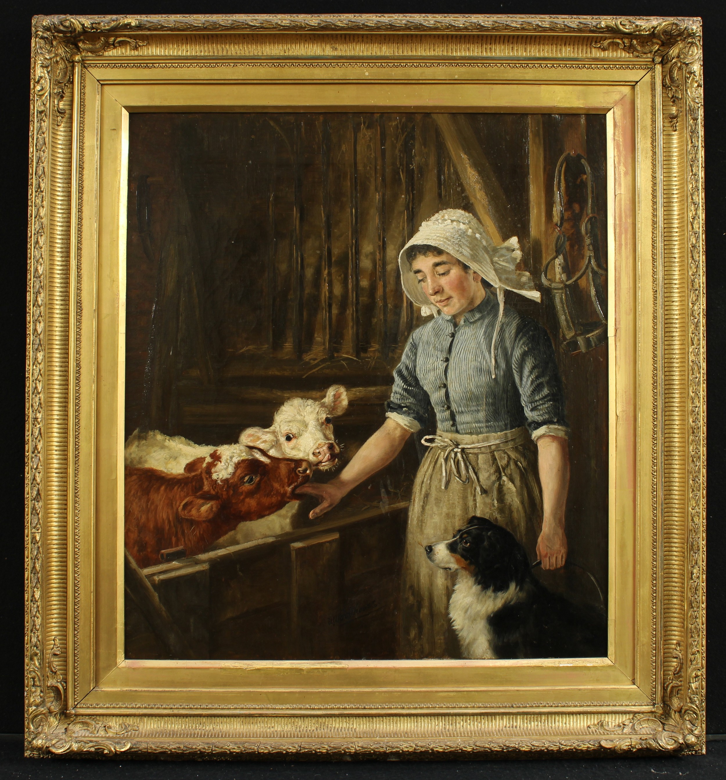 William Woodhouse (1857-1935) Young Calves and Maid, signed, oil on canvas, 65cm x 57cm