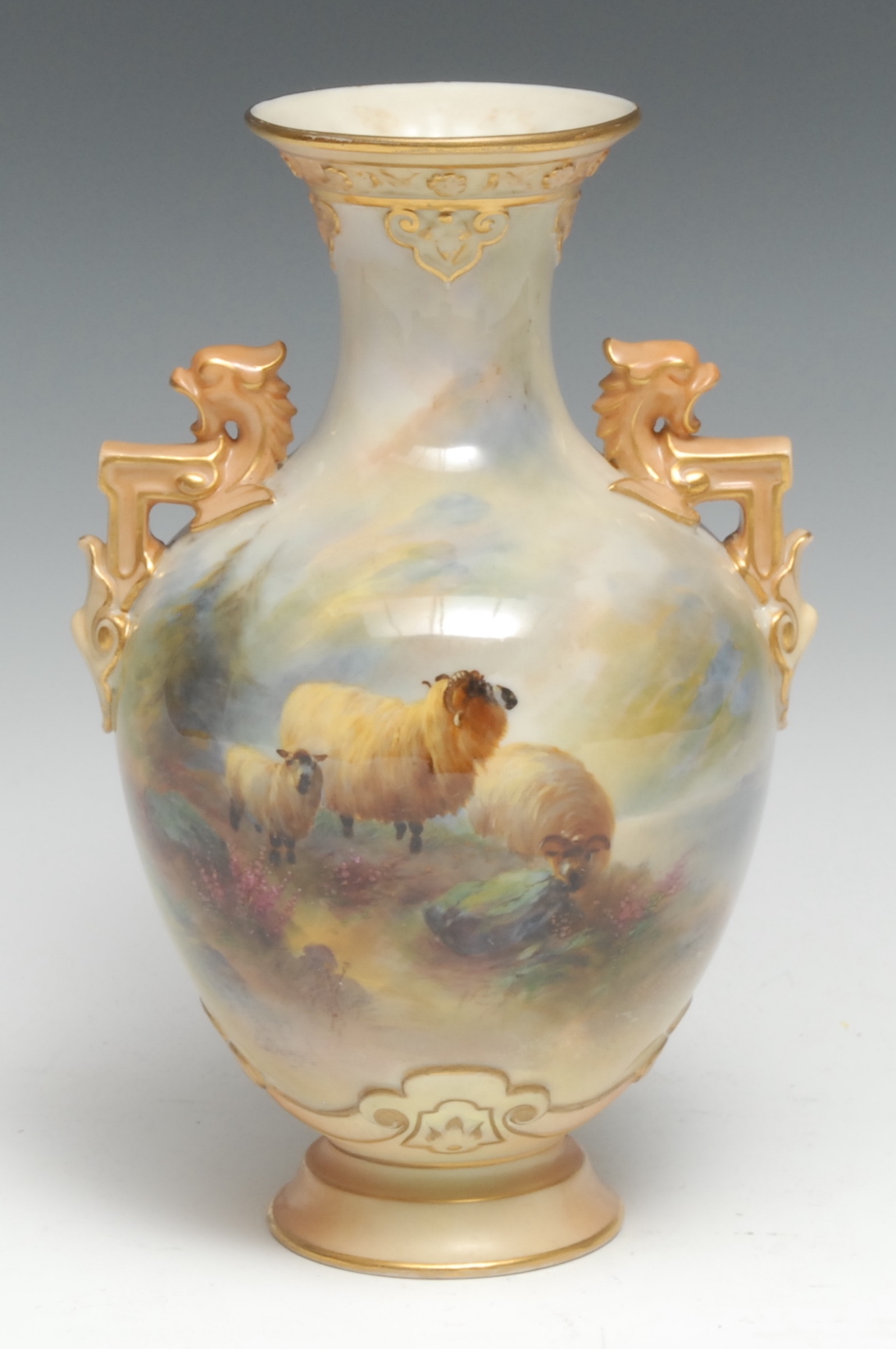 A Royal Worcester pedestal ovoid vase, painted by Jas Stinton, signed, with highland sheep, angular handles, 20.5cm high, crown and circle mark in green, date code for 1909