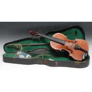 A French violin, by Chipot-Vuillaume, 35.5cm two-piece back excluding button, outlined with purfling, 59cm long overall, cased, the unsigned bow 73cm long