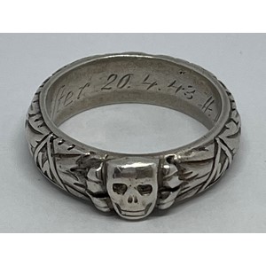 WW2 Third Reich SS Ehrenring Totenkopf Honour Ring. Inscription engraved to the band "Slb Beister 20.4.43 H. Himmler". Along with a 2nd edition of "SS Totenkopf H Himmler Honor Ring 1933-1945" soft bound book by Don Boyle.