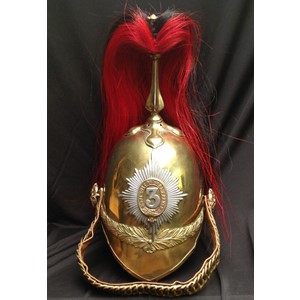 British Victorian 1871 Pattern Cavalry  Helmet. Brass skull with 3rd Dragoon Guards regimental helmet plate to front. Helmet has brass cross base and fluted plume holder which houses a falling red/black horse hair plume. Gilt metal rosette to top of holder. Brass rosettes which hold a replacement chin chain backed with brown imitation leather. No liner, only leather liner band present. Some unit stamps to rear rim of helmet which have been struck out "7 DG" "6720" "I.09" and an unstruck "1 DG 5386".