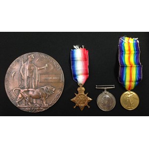 WW1 British 1914 Star, War Medal and Victory Medal & Death plaque to 8255 Pte William Mills, Leinster Regiment. Complete with original ribbons to 1914 Star and Victory Medal. Killed in action while serving with 1st Battl on 26th September 1914 and is buried at Coulommiers  Communal Cemetery.