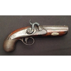 46 bore Percussion cap single barrel pistol. 90mm long barrel. Working action. Holds at both full and half cock. No makers marks. Overall length approx 185mm. Section 58, no licence required.
