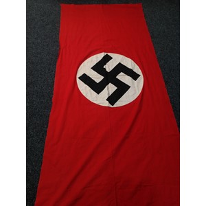 WW2 Third Reich NSDAP Banner, size 280cm x 116cm. Printed Swastika on a separate white roundal. No makers markings. Has provision for a wood or metal rod for hanging.