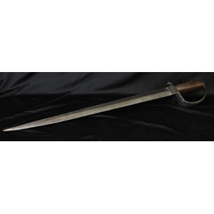 A 19th century Cutlass, 51cm pointed double-edged blade, steel stirrup hilt, ribbed hardwood grip, 62cm long overall. No makers marks. No scabbard.