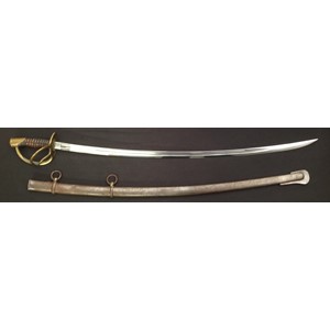 US Civil War 1864 Pattern Cavalry Sabre with curved fullered single edged blade 885mm in length. Marked "US 1864 A.G.M" plus maker marked "C Roby, W Chelmsford, Mass". Washer present. Brass guard. Grip wire missing. Overall length 1040mm. Complete with scabbard with twin suspension rings.
