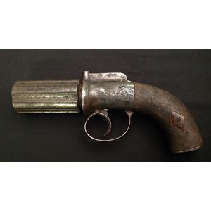 Pepperbox Pistol with approx 9mm bore, six shot cyclinder. No makers markings. English Proof Marks. Overall length approx 200mm. Action will function but a little loose. Section 58, no licence required.