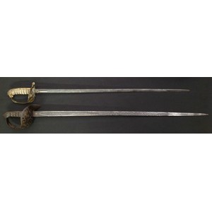Pair of British Victorian Swords: Army Officers 1897 pattern with single edged fullered blade, 825mm in length, proof marked, overall length 975mm, no scabbard: Royal Navy Officers Sword with double edged double fullered blade 740mm in length. Folding guard, wire bound Shagreen grip, Lions Head Pommel. Overall length 880mm. No scabbard. (2)