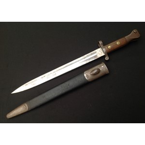 British 1888 pattern bayonet for Long Lee Enfield and Long Lee Metford rifles, 30cm blade by Sanderson, Sheffield, dated 9-97. Two-piece wooden grip. Pommel is regmentaly marked "9RS"  and  "986" Complete with steel-mounted leather scabbard, proof marks, plus "986" to throat of scabbard. 44cm long overall length.