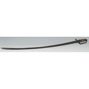 An 18th century cavalry sabre, 83.5cm curved blade engraved with triumphal regalia and flowering leafy stems, stirrup hilt, wire-bound grip, 95.5cm long overall. No scabbard.