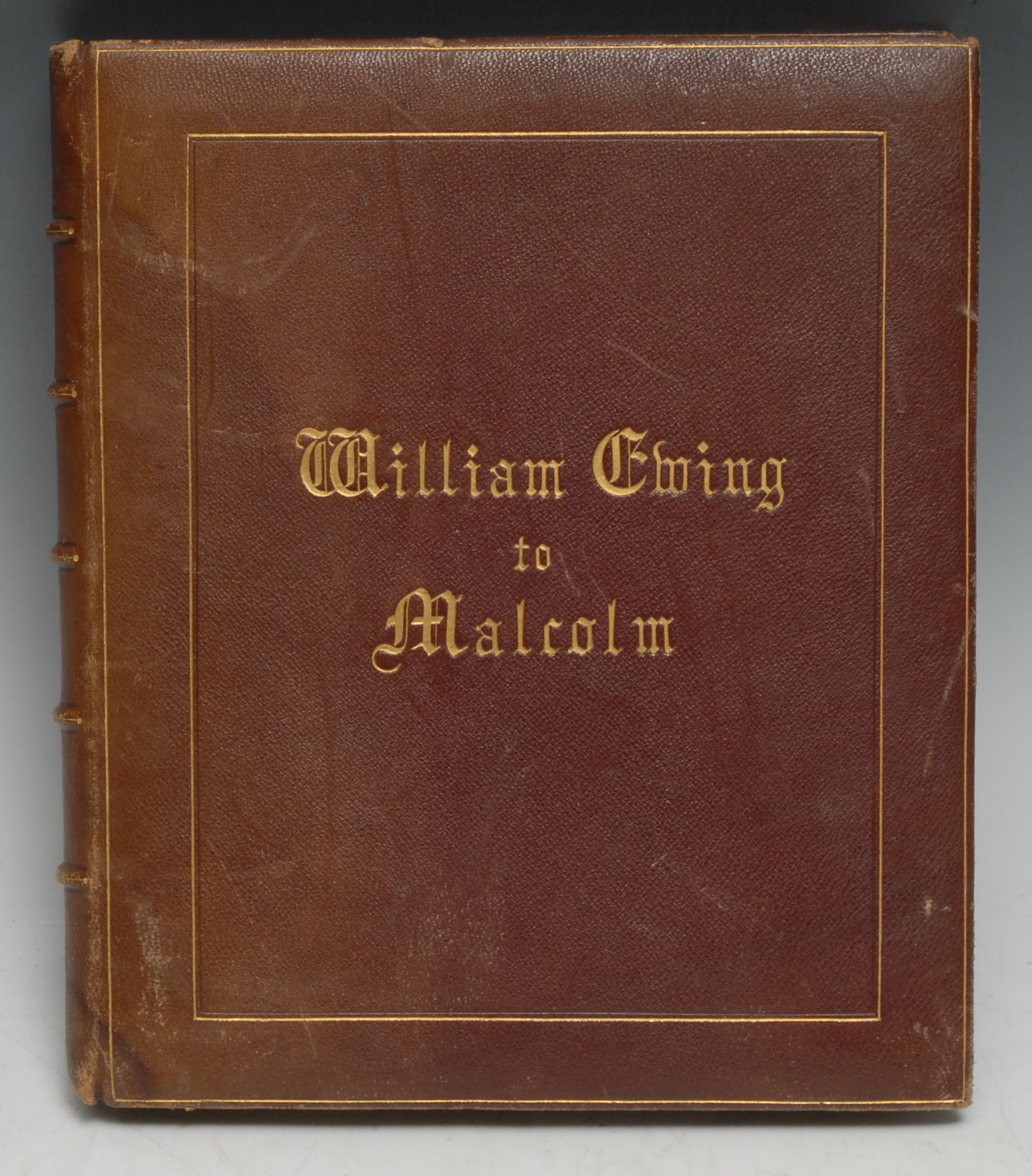 India and the British Raj - Letters from William Ewing to His Dear Brother Malcolm Hart Orr-Ewing From India 1874-1878, a finely bound one-sided family correspondence, 94pp of ink manuscript letters, each linen-laid and collated in pencil by a later hand, all the letters are addressed from Calcutta, via Brindisi, where William seems to have been involved in trade & industry (iron?), and detail the life among the burgeoning British middle-class in India in the first-second decade of the Raj, including accounts of domestic native life (picked-out with vernacular nouns and their English equivalents), typical game and other shoots, anecdotes about fellow British people on the scene, as well as curiosity and concerns for the Ewings back home in Scotland, etc., collected then bound in the latter 19th/early 20th century by Ramage, London, stamped, in brown morocco gilt, slightly bevelled boards with a graduating double-fillet gilt enclosing a singular-fillet  in blind, the upper cover lettered in gilt, six-compartment spine of raised bands, gilt-fillet and blind-rolled turn-in, marbled endpapers, the recto pastedown with a gilt tooled and lettered title label, 4to, [1]