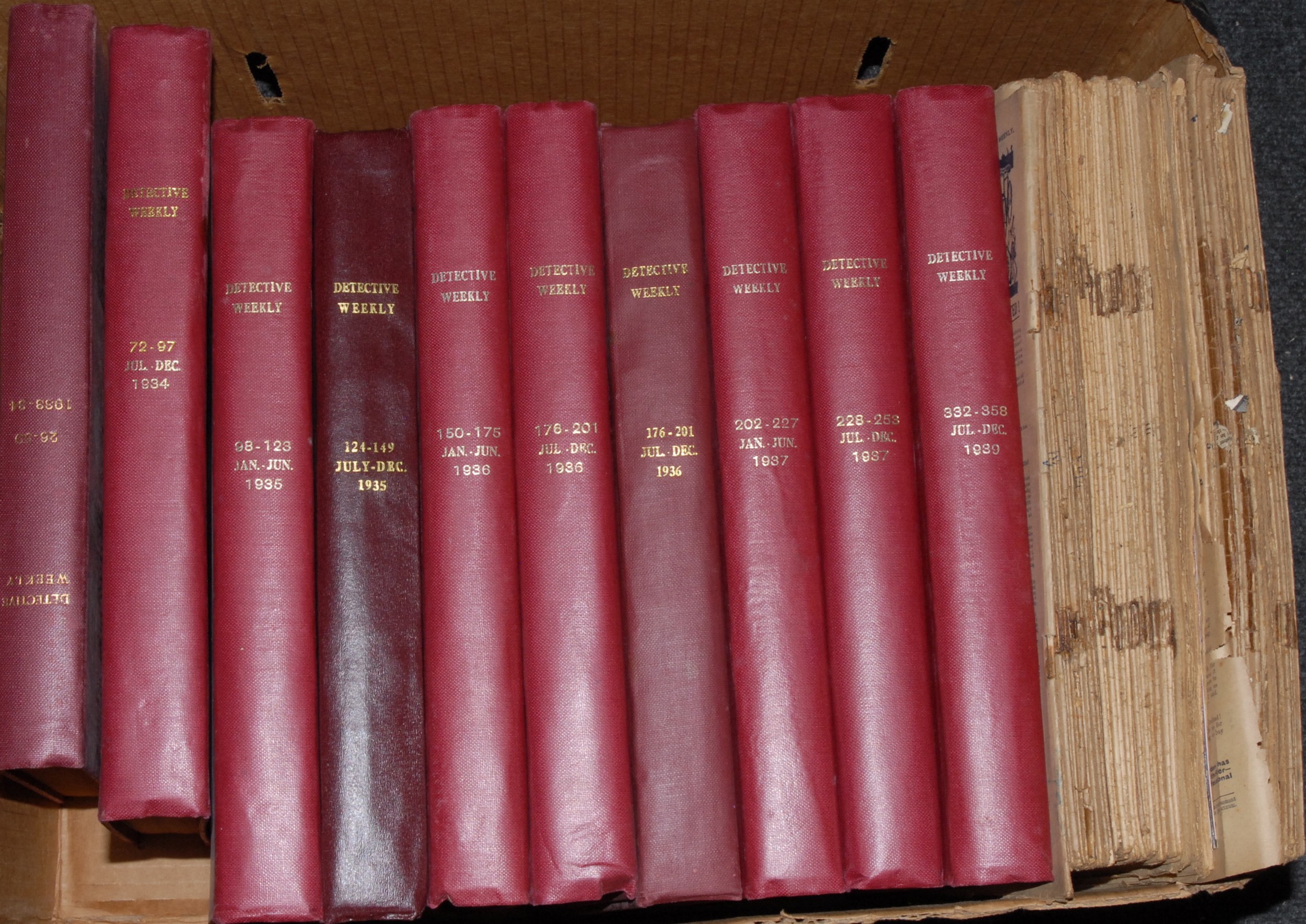 Pulp Fiction - Detective Weekly, partial runs bound as ten volumes, comprising Nos. 26-50, 1933-1934; Nos. 72-253, July 1934-December 1937; Nos. 332-358, July-December 1939; additional Nos. 176-21, July-December 1936, harlequin bindings of red cloth, 4to, (10); further contemporaneous numbers, as issued in original wrappers, [qty]