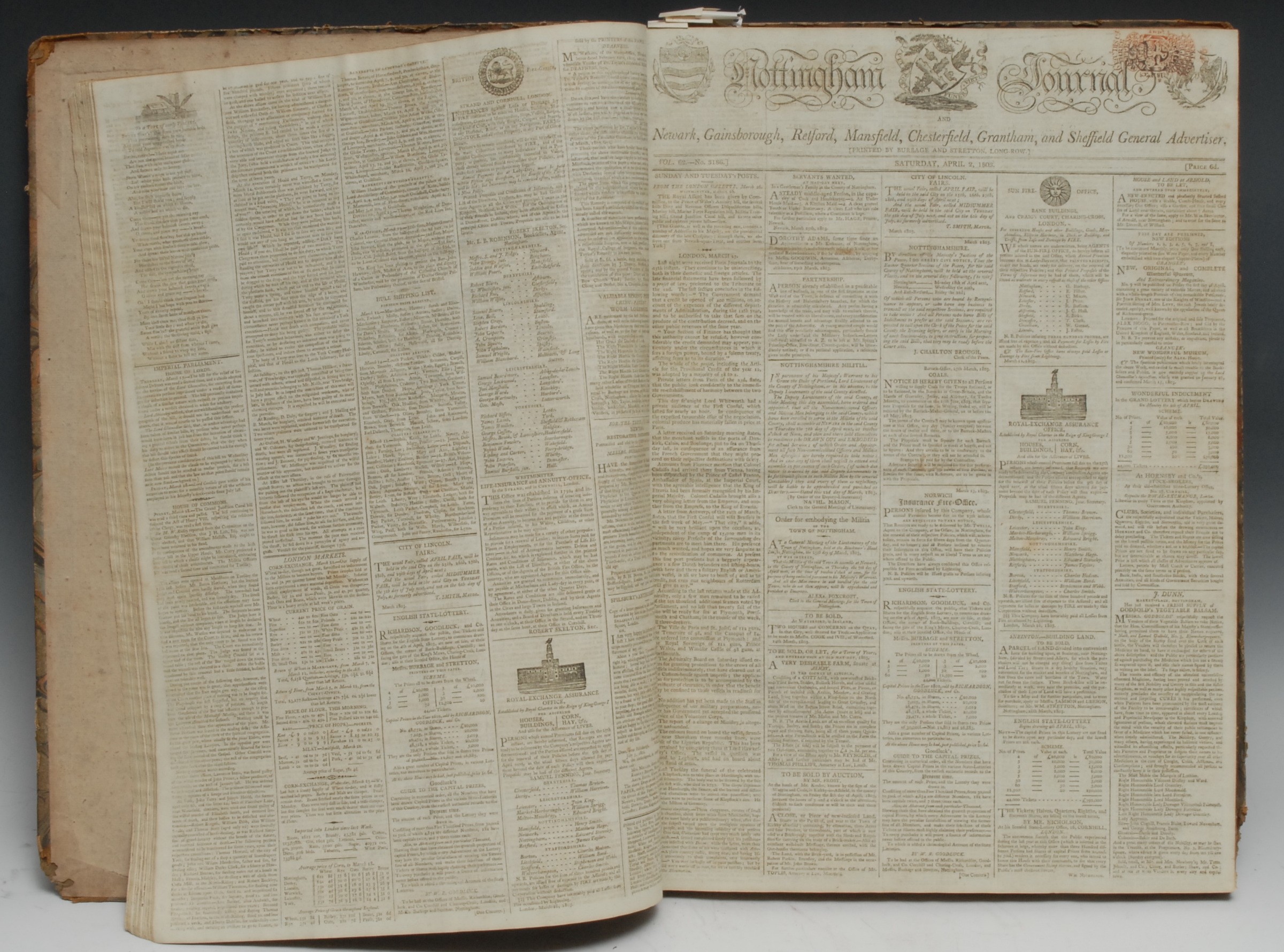 Local Interest, Georgian Newspapers - Nottingham Journal, and Newark, Gainsborough, Retford, Mansfield, Chesterfield, Grantham, and Sheffield General Advertiser, Vol. 61 - No. 3173, Saturday, January 1, 1803, to Vol. 63 - No. 3264, Saturday, December 29, 1804, Printed and Published by Burbage and Stretton, bound as one, each copy with red paper duty stamp, contemporaneous brown sheep over marbled boards, contemporary lettered and numbered pieces in the second and third compartments, folio (49cm x 35cm), [1]