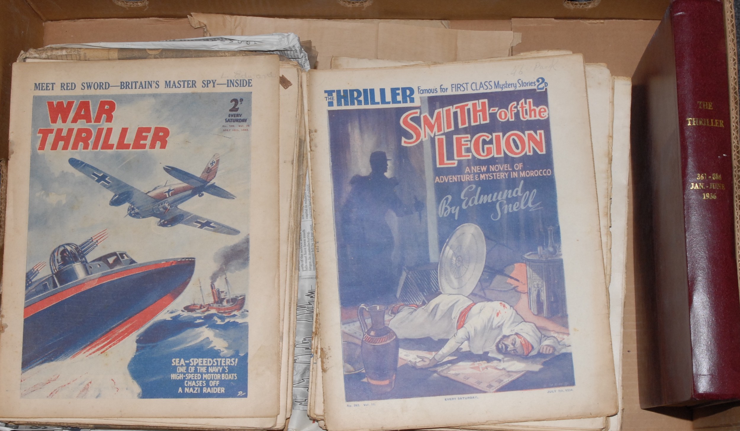 Pulp Fiction - The Thriller: Famous For First Class Mystery Stories, Nos. 361-386, January to June 1936, bound as one, cloth binding, 4to, (1); approximately 100 loose, various dates, [approx. 100]