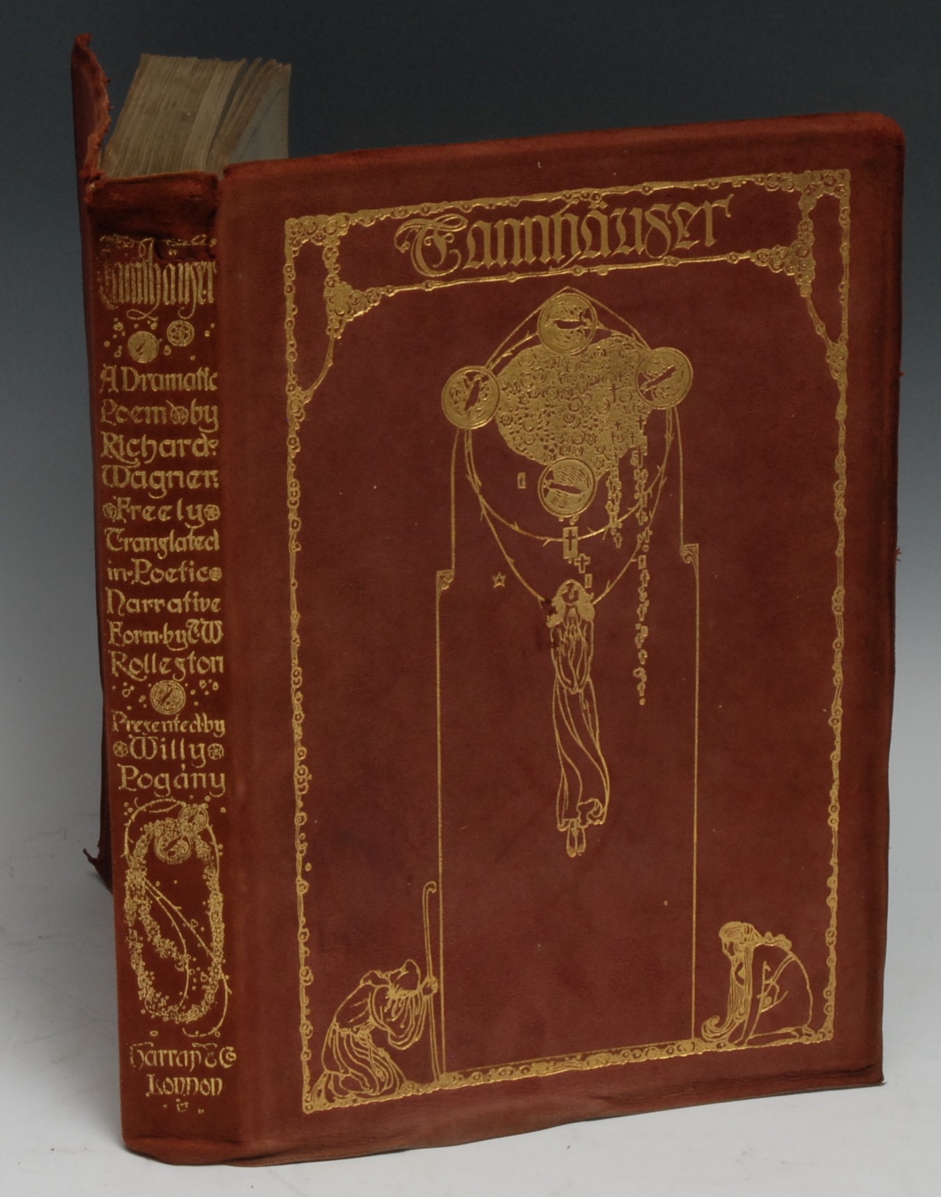 Wagner (Richard), Pogány (Willy, illustrator), & Rolleston (T.W.R., translator), Tannhäuser: A Dramatic Poem, London: G.G. Harrap & Co., 1911, printed by off-set lithography in ruled borders on grey card leaves, tipped-in colour plates, b/w and colour in-text illustrations and decorative borders, contemporary pictorial limp red suede gilt, pictorial endpapers, top-edge gilt, 8vo, [1]