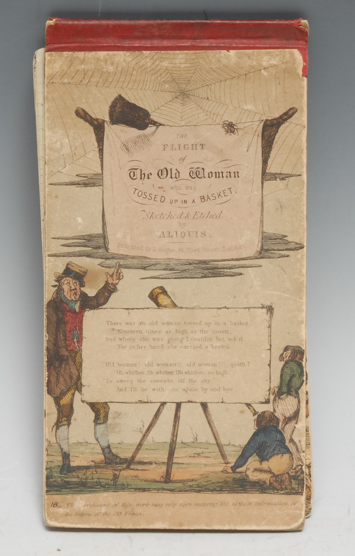 Aliquis (illustrator; pseudonym, possibly of Richard Marks), The Flight of The Old Woman who was Tossed up in a Basket/Sketched & Etched, London: Published by D. Bogue, [n.d., 1843/44], panorama, hand-coloured aquatint in 12 sections, contemporary hand-coloured engraved cloth-backed paper boards, enclosing a folding letterpress, 228.4cm x 10.5cm, [Not in Abbey], [1]