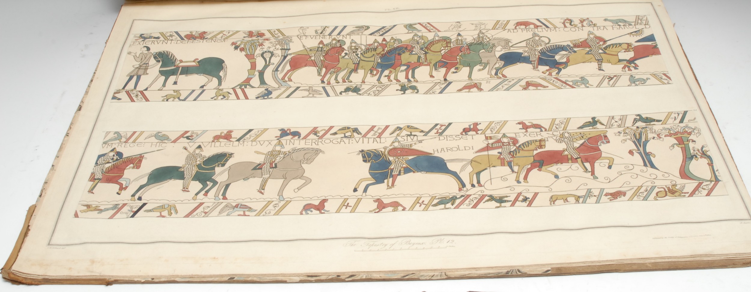 Stothard (Charles Alfred, FSA, illustrator) & Basire (James, FSA, engraver), The Tapestry of Bayeux, from volume of VI of Vetusta Monumenta, London: Published by the Society of Antiquaries, 1819-1823, 17 large-format hand-coloured engravings as called for, contemporary calf over marbled boards (perished and fragmentary in places, including the spine), oblong atlas folio (74cm x 53cm), [1]