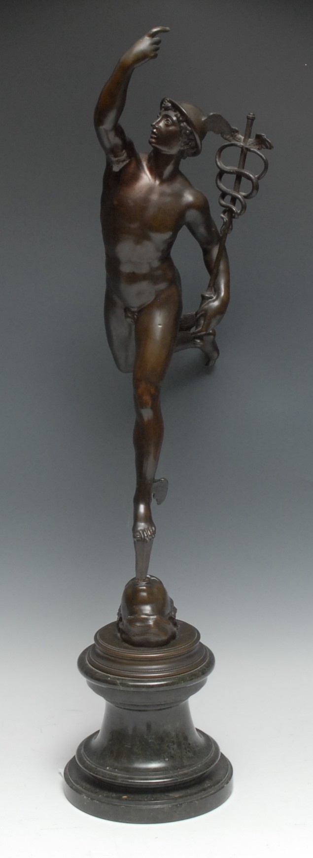 After Giambologna (19th century), a brown patinated bronze, Mercury, waisted serpentine base, 69cm high